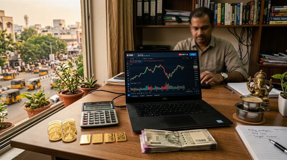 Physical gold bullion and stock market candlestick chart performance comparison