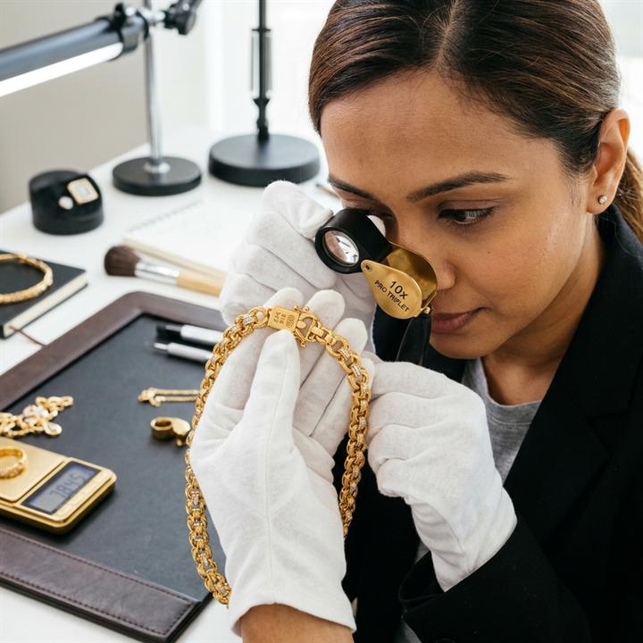 Gold valuation appraiser evaluating purity and net weight factors in Nungambakkam