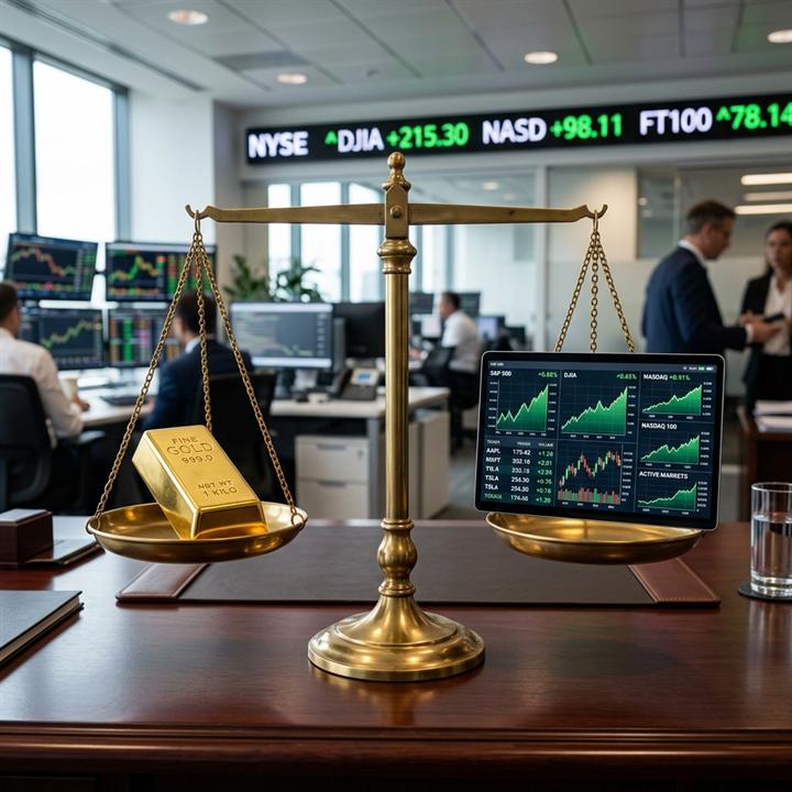 Gold balance scale vs stock market ticker chart